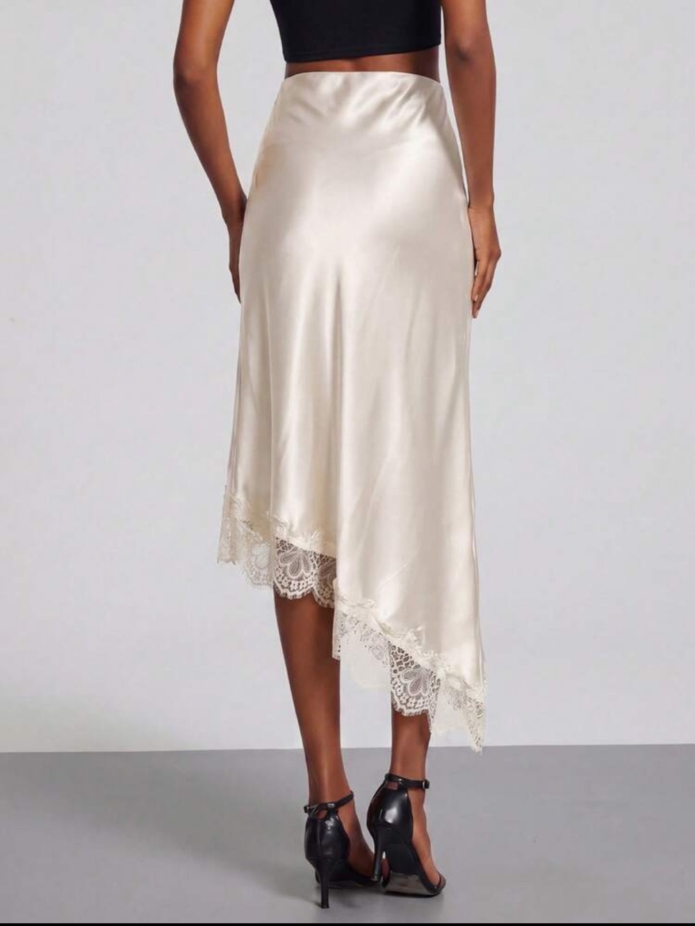Satin Lace-Trim Asymmetrical High Rise Midi Skirt - Black - Picture 15 of 15